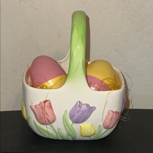Telefora *Vintage* Tulip Flower Easter Basket Ceramic Planter Decor